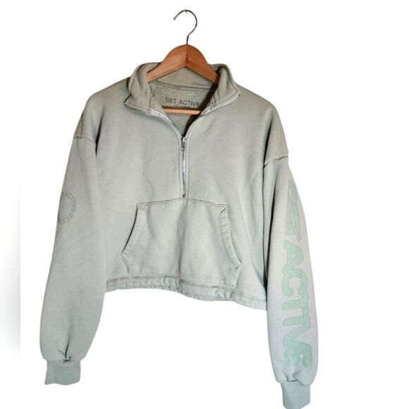 Set Active Half Zip Women's Light Green Cropped Sweatshirt Size S - Picture 1 of 8